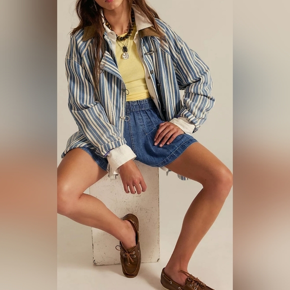 Free People Blue Striped Denim Barn Coat Jacket Corduroy Collar, M, Retail $248 - Picture 5 of 16